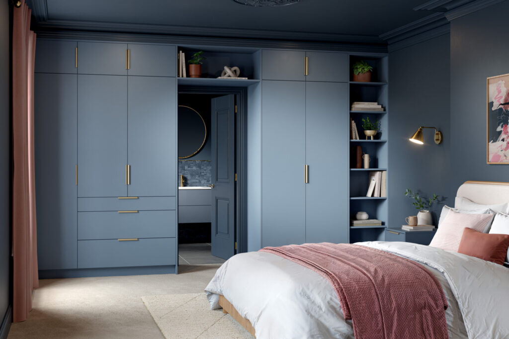 Misty blue fitted bedroom with contemporary storage