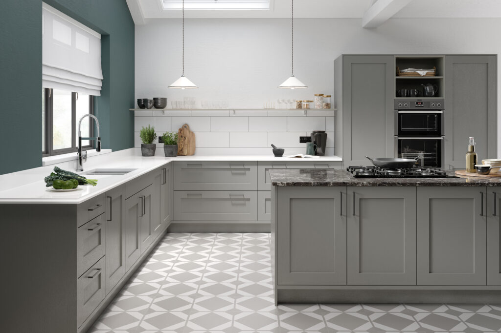 Contemporary Grey Shaker style kitchen with patterned floor tile and white marble quartz worktops