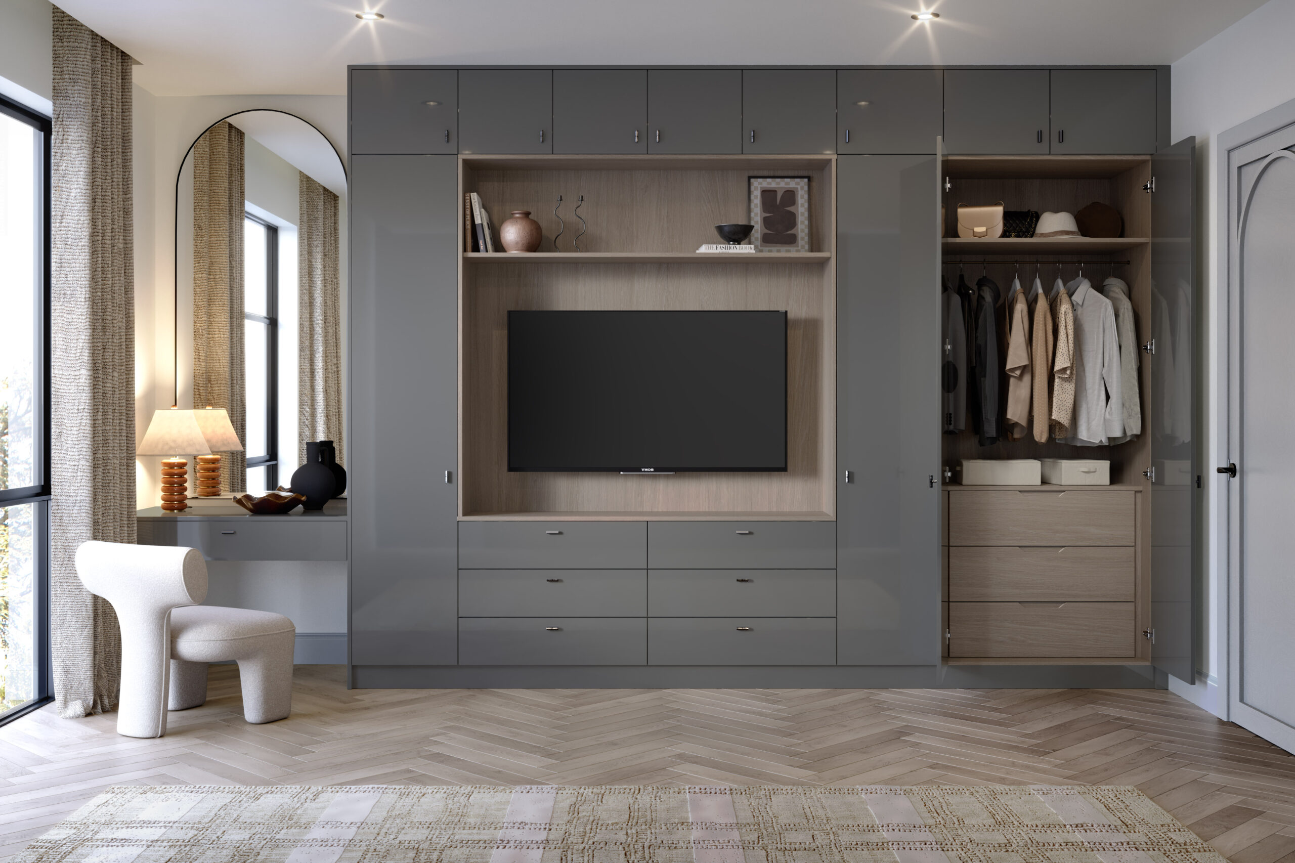 Gloss dust grey fitted bedroom wardrobes